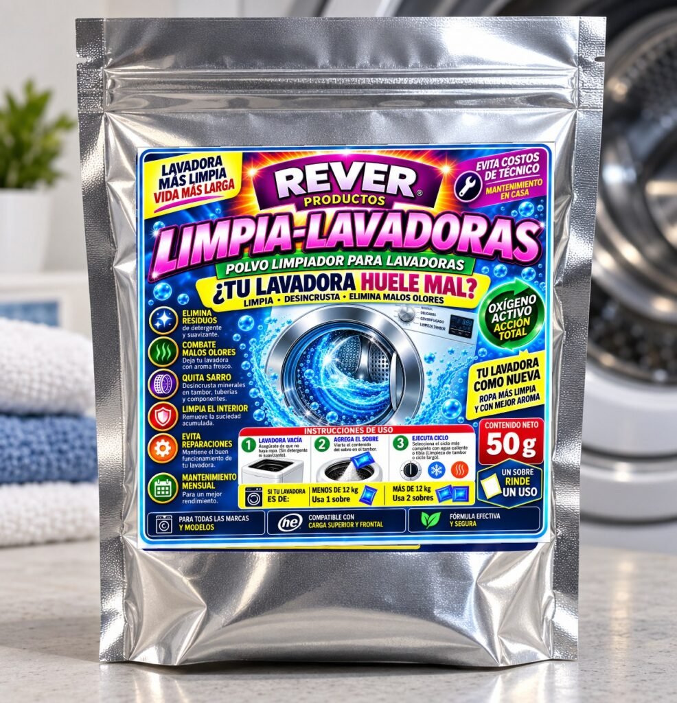 Sobre de LIMPIA LAVADORAS REVER, polvo limpiador para eliminar sarro y malos olores de la lavadora